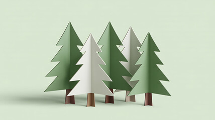 A small forest of stylized paper trees in varying shades of green and white