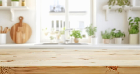 Empty Light Wooden Kitchen Countertop with Blurred Bright Window and Plants Background Mockup
