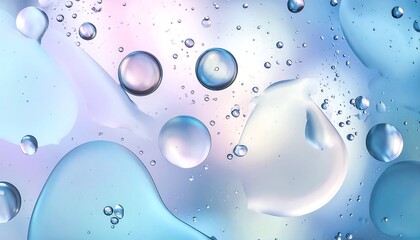Abstract light-blue and violet blobs and bubbles floating in liquid, with soft pastel background colors