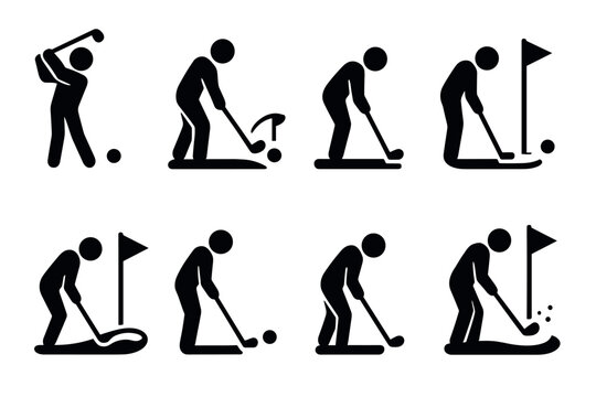 Golf player silhouettes in various poses: perfecting the swing and putt techniques