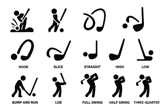 Golf swing icons: flat style set illustrating various shots and techniques