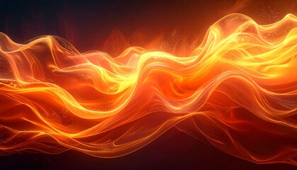 Abstract waves of luminous orange and yellow flow against a dark background, creating a dynamic, energetic effect