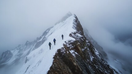 Hikers trekking on a razor thin snowy mountain ridge in fog
