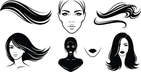 Black and white vector illustrations of womens faces, elegant hairstyles, and lips, ideal for beauty and fashion design