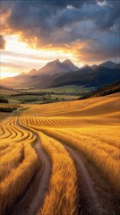 Obraz premium A winding dirt path curves through a vast, golden wheat field, leading towards a majestic mountain range silhouetted against a dramatic sunset sky with vibrant