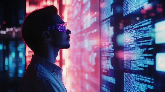 Man in futuristic glasses observing holographic data panels - Powered by Adobe