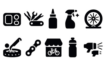 Bicycle maintenance icons set in silhouette style with repair and cleaning tools