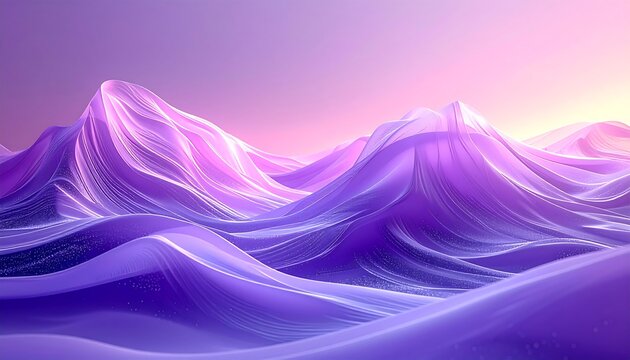 Abstract waves of purple and white form smooth, rolling mountains under a soft, pink and yellow gradient sky