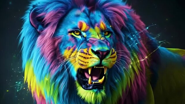 A striking close-up showcases a majestic, stylized lion with a vibrant, multicolored mane against a dark background. The powerful animal roars, revealing sharp teeth and intense yellow eyes, exuding s