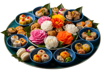 Exquisite dim sum platter with vibrant floral decorations, showcasing culinary artistry and elegant presentation for upscale dining or creative food concepts