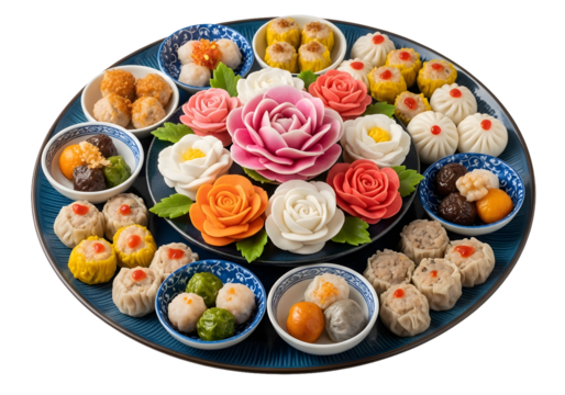 Celebrate with this exquisite dim sum platter featuring beautifully crafted flower arrangements, perfect for special occasions and festive gatherings with family