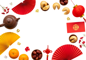 Celebrate vibrant Chinese New Year with traditional treats and decorations, wishing prosperity and good fortune in the coming year, perfect for festive designs