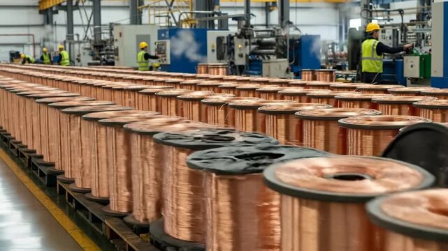 Automated copper wire manufacturing in modern industrial facility with dynamic conveyor movement