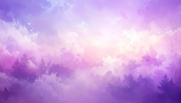Ethereal purple and pink sky with silhouetted trees and glowing particles clouds lavender