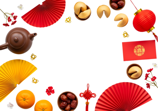 Celebrate vibrant Chinese New Year with traditional treats and decorations, wishing prosperity and good fortune in the coming year, perfect for festive designs - Powered by Adobe
