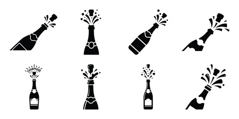 Illustration of the new year champagne bottle pop silhouette vector icon set. happy New Year 2026 vector icons