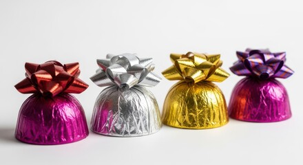 Four colorful foilwrapped chocolates with bows isolated on white background