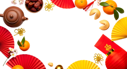 Celebrate vibrant Lunar New Year with festive decorations, lucky oranges, traditional tea set, and fortune cookies for a joyous cultural celebration