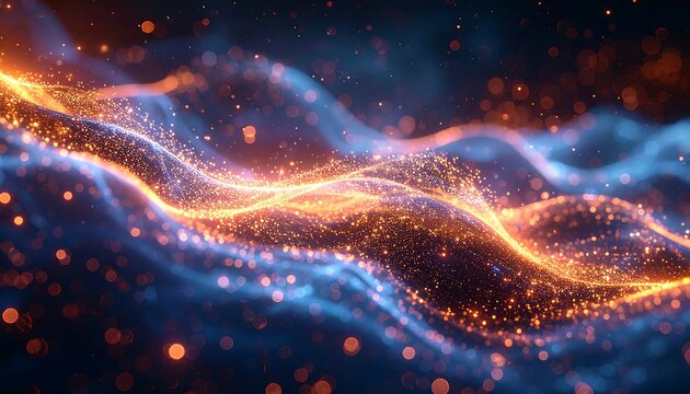 Abstract waves of vibrant blue and orange particles floating against a dark backdrop with bokeh effects