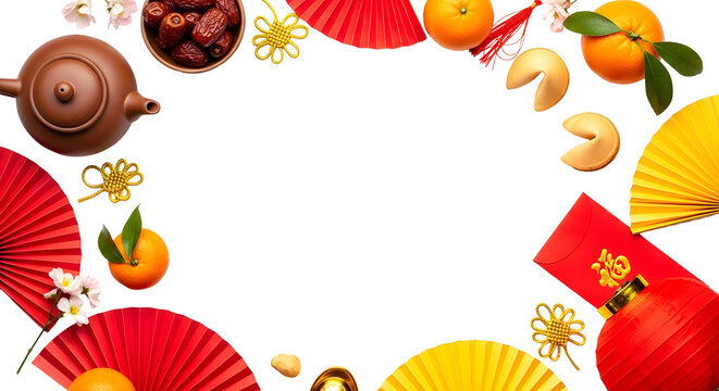 Celebrate vibrant Lunar New Year with festive decorations, lucky oranges, traditional tea set, and fortune cookies for a joyous cultural celebration