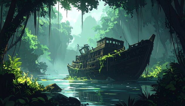 Abandoned, moss-covered ship sits in a swamp, surrounded by lush greenery in a mystical, hazy environment
