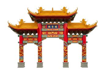 Vibrant Chinese architectural gate stands tall, showcasing intricate details and cultural richness, inviting exploration and symbolizing tradition
