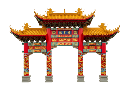 Vibrant Chinese architectural gate stands tall, showcasing intricate details and cultural richness, inviting exploration and symbolizing tradition