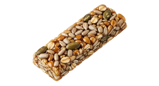 Healthy seed and nut snack bar isolated on white background, perfect for nutritious snacking and energy boost