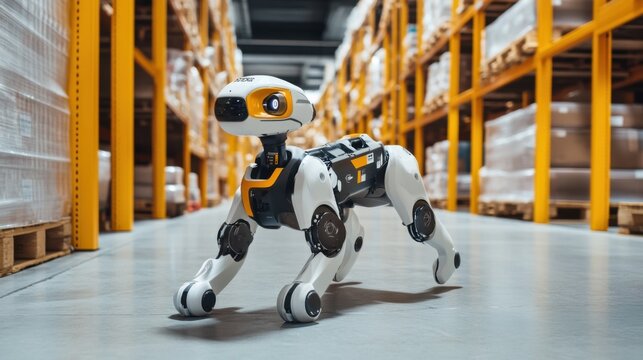 Robot dog in a warehouse environment performing tasks