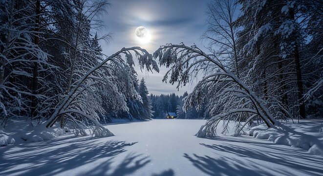 Winter wonderland snowy forest with trees arching over frozen lake