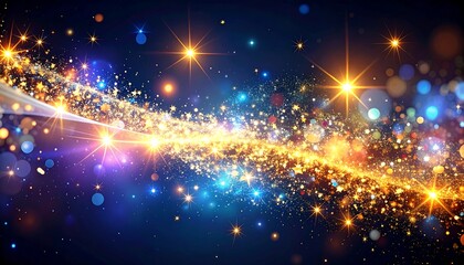 Abstract swirling stream of golden, orange, and blue light, with bokeh and starburst effects against dark background