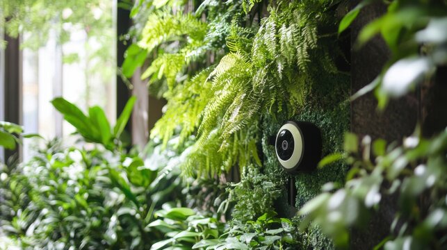 Smart Garden Sensor with Camera Embedded in Lush Green Plants