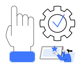 Hand pointing up, gear with checkmark inside, person reviewing certificate on tablet. Ideal for quality control, authentication, user action, certification, process completion, digital approval