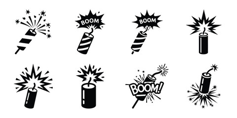 Illustration of the new year firecracker boom silhouette vector icon set. happy New Year 2026 vector icons