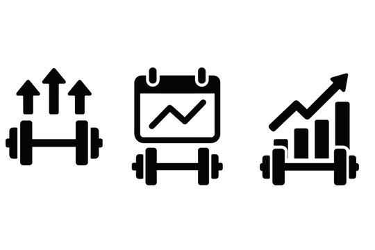 Fitness progress icons: growth, schedule, and performance in silhouette style