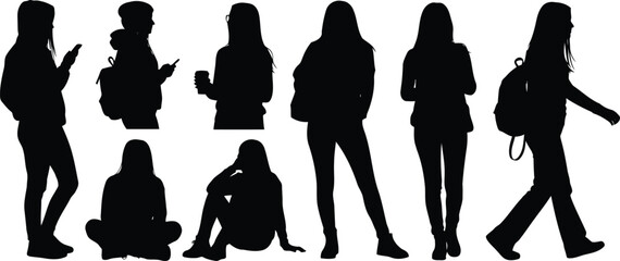 Silhouettes of young women in various poses standing, sitting, walking, and using mobile phones, isolated on