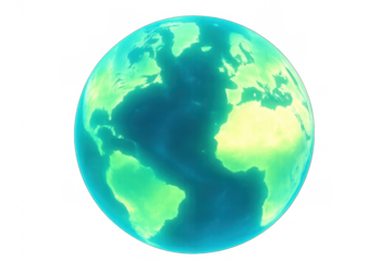 Earth globe glowing with bright blue and green light, showing continents. Transparent background for versatile use
