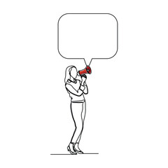 Continuous line sketch drawing of woman holding megaphone speaker with bubble chat. Single line art of sound tool equipment editable stroke vector illustration