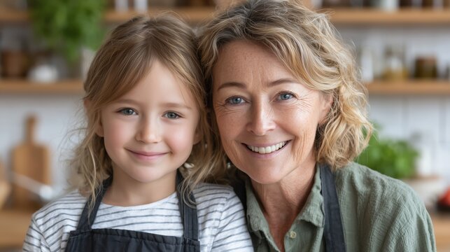 Happy grandmother and young girl smiling together in cozy kitchen wearing matching aprons