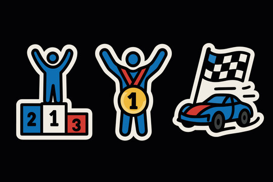 Colorful racing success icons: podium, medals, and car with checkered flag