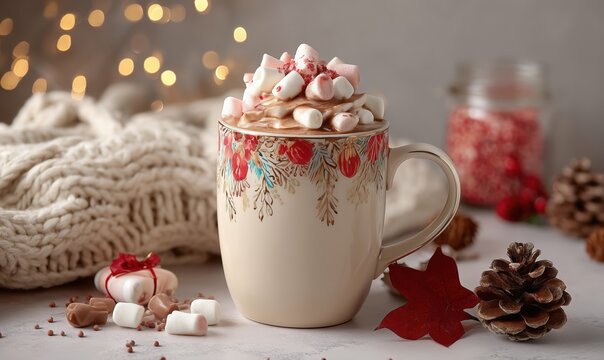Holiday Mug of Hot Chocolate with Marshmallows and Festive Decor