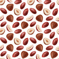 Watercolor illustration of peanuts and hazelnuts, seamless pattern on a white background. Hand-drawn mixed nuts. Healthy snacks.