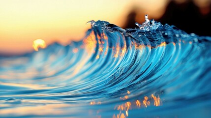 A close-up of a translucent ocean wave cresting and breaking, with the sun setting in the background casting a warm golden glow on the water.