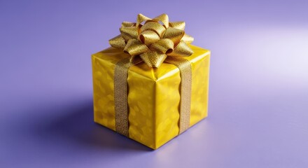 Golden gift box with glitter bow on purple background