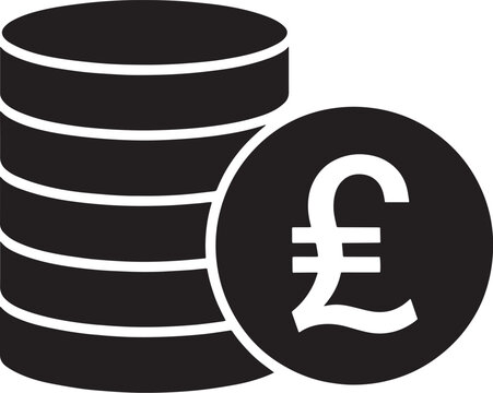 Black and white icon of stacked coins with a british pound symbol