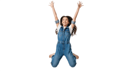 Energetic young happy woman jumping in mid-air on white background, smiling and wearing casual short denim jeans and a light top, isolated studio shot capturing joy, freedom, fitness and youthful life