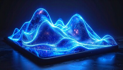 Abstract, luminous blue wave landscape over black device screen, galaxy effect, ethereal and luminous design