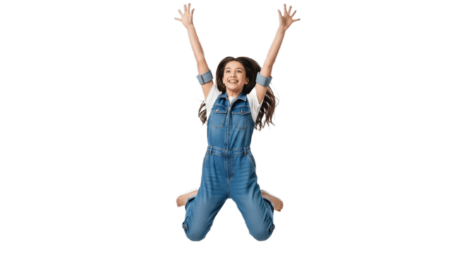 Energetic young happy woman jumping in mid-air on white background, smiling and wearing casual short denim jeans and a light top, isolated studio shot capturing joy, freedom, fitness and youthful life - Powered by Adobe
