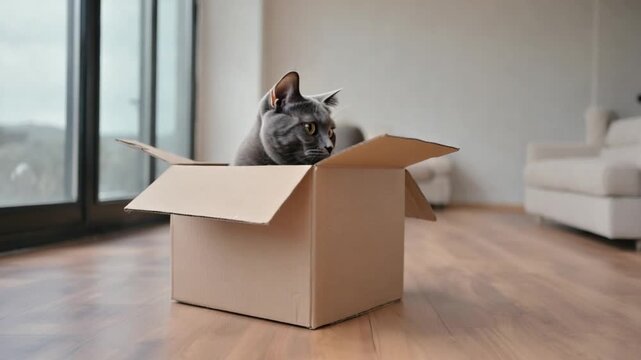 Curious cat exploring inside cardboard box in modern living room setting