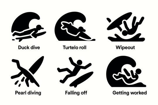Surfing techniques silhouette icons: duck dive, turtle roll, wipeout, and more